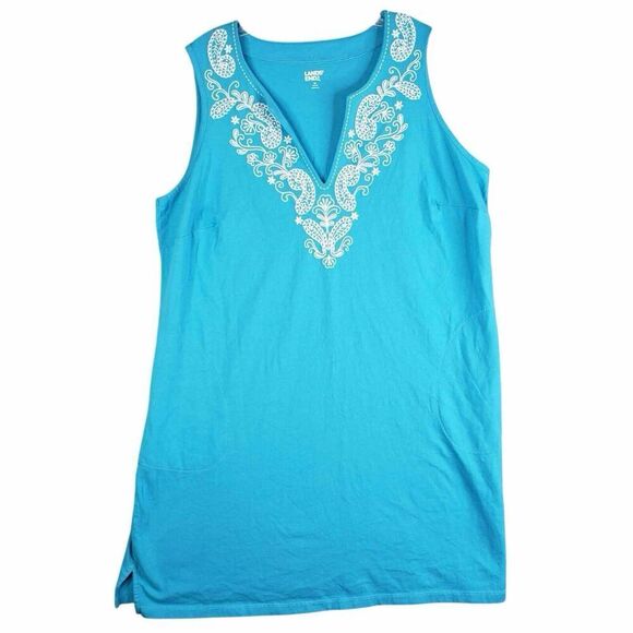 Lands End Shift Dress Women's Plus Size 1X Blue Teal Sleeveless Embroidered - Picture 2 of 9